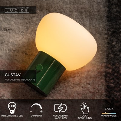 Lucide GUSTAV - wiederaufladbare Tischlampe - Akku/Batterie - Ø 8 cm - LED Dim. - 1x0,8W 2700K - Grün | Essential